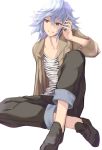  1boy alternate_costume bangs blue_hair fate/stay_night fate_(series) hand_between_eyes highres jacket loafers male_focus merlin_(fate/stay_night) no_socks open_clothes open_jacket pants parted_lips satou_daiji shoes sidelocks silver_hair smile solo violet_eyes 