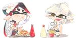  +_+ 2girls aori_(splatoon) black_hair brown_eyes chin_rest closed_mouth commentary_request cousins detached_collar domino_mask earrings eating elbow_rest fangs food food_on_head french_fries gloves grey_hair hand_on_own_cheek highres hotaru_(splatoon) jewelry ketchup ketchup_bottle long_hair looking_at_another mask mayonnaise mole mole_under_eye multiple_girls object_on_head open_mouth plate short_hair simple_background sitting smile splatoon strapless table tentacle_hair ukata white_background white_gloves 