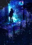  1girl amatsuki_rei bag blurry boots commentary_request dress highres light_particles long_hair night night_sky original outdoors plant puddle reflection scarf scenery shoulder_bag silhouette sky solo standing star_(sky) starry_sky 