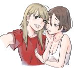  2girls bangs black_eyes blonde_hair blush breast_grab breasts brown_eyes brown_hair cleavage commentary_request earrings eyebrows_visible_through_hair grabbing hair_between_eyes jewelry kamui87 lips multiple_girls original red_shirt self_shot shirt short_hair simple_background tank_top teeth white_background white_tank_top yuri 