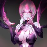  1girl :p absurdres bare_shoulders black_background blood blush breasts center_opening cleavage collarbone elbow_gloves evelynn fingernails gloves half-closed_eyes highres large_breasts league_of_legends licking_lips multicolored_hair pink_hair pink_lips pocari_sweat_(artist) sharp_fingernails sidelocks simple_background solo tongue tongue_out two-tone_hair white_hair white_skin yellow_eyes 