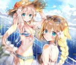  2girls :o b_rock bangs bikini bikini_under_clothes black_bikini_top blonde_hair blue_eyes blue_sky blurry blush braid breasts character_name cleavage clouds crop_top day depth_of_field eyebrows_visible_through_hair fate/grand_order fate_(series) fence flower frilled_bikini frills front-tie_bikini front-tie_top gem halterneck hands_on_headwear hat hat_flower hibiscus horizon jewelry lens_flare lily_(flower) long_hair long_sleeves looking_at_viewer marie_antoinette_(fate/grand_order) medium_breasts multiple_girls navel necklace ocean outdoors ruler_(fate/apocrypha) see-through shirt single_braid sky smile sparkle stairs straw_hat striped striped_bikini sun_hat sunglasses sunglasses_on_head sunlight swimsuit twintails very_long_hair water water_drop 