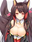  1girl :&gt; :q agekichi_(heart_shape) akagi_(azur_lane) animal_ears arms_at_sides azur_lane bangs black_hair blush breasts cleavage closed_mouth fox_ears fox_tail half-closed_eyes headgear heart heart-shaped_pupils kyuubi large_breasts long_hair looking_at_viewer multiple_tails pink_eyes sidelocks smile solo symbol-shaped_pupils tail tareme tongue tongue_out upper_body 