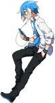  1boy belt blue_hair blue_nails cellphone earphones expressionless full_body hand_in_pocket highres looking_at_viewer male_focus matsuda_toki matsudappoiyo nail_polish necktie official_art pants phone short_hair smartphone solo transparent_background utau wristband 