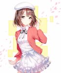  1girl brown_eyes brown_hair cherry_blossoms cowboy_shot dress_shirt hand_in_hair hat jacket katou_megumi layered_skirt looking_at_viewer miniskirt open_clothes open_jacket parted_lips red_jacket sada_(sadahalu) saenai_heroine_no_sodatekata shirt short_hair simple_background skirt solo standing white_background white_hat white_shirt white_skirt 