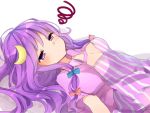  1girl bangs blue_bow blush bow breasts capelet cleavage closed_mouth crescent crescent_moon_pin dress eyebrows_visible_through_hair hair_bow karasusou_nano long_hair lying medium_breasts no_hat no_headwear on_back patchouli_knowledge purple_hair red_bow sidelocks solo squiggle striped striped_dress touhou upper_body vertical-striped_dress vertical_stripes violet_eyes 