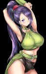  1girl armpits arms_behind_head arms_up bare_shoulders breasts commentary_request dragon_quest dragon_quest_xi gorua_(youce01) highres large_breasts long_hair looking_at_viewer martina_(dq11) ponytail purple_hair solo very_long_hair violet_eyes 