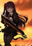  1girl bangs black_gloves black_legwear blush breasts brown_hair bullpup closed_mouth cropped_jacket double-breasted evening eyebrows_visible_through_hair girls_frontline gloves gun hair_ribbon high-waist_skirt holding holding_gun holding_weapon long_hair long_sleeves looking_at_viewer lunacats medium_breasts necktie one_side_up outdoors pantyhose red_necktie red_ribbon ribbon rifle scope sidelocks skirt sniper_rifle solo thighband_pantyhose thighs trigger_discipline violet_eyes wa2000_(girls_frontline) walther walther_wa_2000 weapon 
