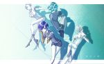  androgynous antarcticite aqua_hair blue_eyes blue_hair boots cairngorm_(houseki_no_kuni) comparison copyright_name fetal_position gradient gradient_background highres houseki_no_kuni index_finger_raised leg_up natsuiro necktie phosphophyllite puffy_short_sleeves puffy_sleeves short_hair short_shorts short_sleeves shorts spoilers uniform white_hair white_necktie white_skin 