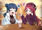  2girls :d ^_^ beret blue_hair blurry blush brown_eyes closed_eyes commentary deadnooodles depth_of_field fang feeding food fruit hair_bun hat head_tilt heart highres holding holding_spoon indoors long_hair long_sleeves looking_at_another love_live! love_live!_sunshine!! multiple_girls open_mouth parfait redhead sakurauchi_riko smile sparkle spoken_heart strawberry table tsushima_yoshiko yuri 