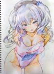  10s 1girl beret blush breasts cleavage erect_nipples grey_eyes hat highleg highres kantai_collection kashima_(kantai_collection) kiyama_satoshi large_breasts looking_at_viewer open_mouth plastic_bag_swimsuit silver_hair solo sweat tears traditional_media twintails 