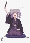  1girl :d absurdres bangs black_skirt fami_(yellow_skies) fan folding_fan full_body grey_background grey_hair hair_between_eyes hakama highres idolmaster idolmaster_cinderella_girls japanese_clothes kanzaki_ranko kimono looking_at_viewer open_mouth pillow pleated_skirt purple_hair purple_kimono rakugo ringlets seiza sidelocks simple_background sitting skirt smile solo twintails zabuton 