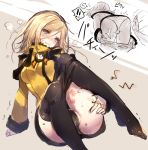  1girl ass ass_smack bent_over blonde_hair blue_eyes blush fingerless_gloves gloves guilty_gear guilty_gear_xrd millia_rage oro_(sumakaita) pantyhose pantyhose_pull 