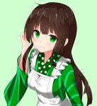  1girl akatsuki_(kongo-love-2400) ama_usa_an_uniform apron bangs blunt_bangs breasts brown_hair closed_mouth commentary_request eyebrows_visible_through_hair gochuumon_wa_usagi_desu_ka? green_background green_eyes green_kimono highres japanese_clothes kimono long_hair long_sleeves looking_at_viewer maid_apron medium_breasts polka_dot_trim sidelocks smile solo striped striped_kimono ujimatsu_chiya upper_body white_apron wide_sleeves 