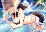  1girl artoria_pendragon_(all) artoria_pendragon_(swimsuit_rider_alter)_(fate) bikini black_bikini blonde_hair blue_sky breasts cleavage clouds day fate/grand_order fate_(series) flower food looking_at_viewer maid_bikini maid_headdress medium_breasts necomi_(gussan) ocean palm_tree partially_submerged petals photoshop popsicle saber_alter short_hair sidelocks signature sky solo swimsuit tree yellow_eyes 
