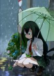  1girl :&gt; asui_tsuyu boku_no_hero_academia bush closed_mouth collared_shirt flower frog frog_girl full_body green_eyes green_hair highres long_hair long_sleeves matsuya_(syohsa) outdoors pleated_skirt rain reaching_out red_legwear school_uniform shirt signpost skirt sky smile squatting thighs transparent_umbrella umbrella very_long_hair 