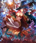  10s 1girl artist_request breasts cape cygames distaster_witch gloves hand_on_own_face hat long_hair midriff official_art red_eyes redhead revealing_clothes shadowverse shingeki_no_bahamut staff witch witch_hat 