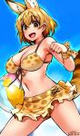 1girl 2017 :d adapted_costume animal_ears ball bare_shoulders beachball bikini blonde_hair blue_background bow breasts cleavage cowboy_shot dated extra_ears eyebrows_visible_through_hair groin hair_between_eyes happa_(cloverppd) holding holding_ball kemono_friends large_breasts looking_at_viewer navel open_mouth orange_eyes print_bikini print_bow serval_(kemono_friends) serval_ears serval_print serval_tail short_hair signature smile solo swimsuit tail wristband 