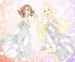  2girls :d ahoge asymmetrical_bangs bangs barefoot blonde_hair blush breasts brown_hair collarbone commentary_request doi_tamako dress eyebrows_visible_through_hair floral_background flower from_above green_eyes hair_between_eyes hand_holding hand_on_own_chest highres iyojima_anzu long_hair looking_at_another lying medium_breasts multiple_girls nogi_wakaba_wa_yuusha_de_aru on_back open_mouth sakuria short_hair sleeveless sleeveless_dress smile spaghetti_strap very_long_hair white_background white_dress yuusha_de_aru 