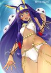  1girl animal_ears bangs bare_shoulders behind_another belly_chain bikini blue_eyes blunt_bangs blush bracelet breasts chains commentary_request dark_skin detached_collar earrings egyptian egyptian_clothes facepaint fate/grand_order fate_(series) hair_between_eyes hair_tubes hairband hips hoop_earrings jewelry long_hair looking_at_viewer medjed navel nitocris_(fate/grand_order) open_mouth purple_hair rabbit_ears sidelocks sky small_breasts sunlight super_zombie swimsuit thighs twitter_username very_long_hair waist white_bikini 