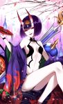  1girl :d absurdres breasts cleavage cup fangs fate/grand_order fate_(series) hair_between_eyes highres holding horns looking_at_viewer open_mouth petals purple_hair sakazuki sheya short_hair shuten_douji_(fate/grand_order) sideboob sitting small_breasts smile soaking_feet solo violet_eyes 
