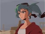  1girl 90s aqua_eyes aqua_hair choroli_(chorolin) desert earrings glaring hatsune_miku jacket jewelry long_hair parody ruins shirt style_parody sunglasses t-shirt twintails vocaloid 