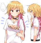  ... 1girl ? blonde_hair braid brown_eyes collar collarbone commentary_request eyebrows_visible_through_hair flat_chest from_side hand_on_own_chin idolmaster japanese jewelry long_hair looking_at_viewer mio_(mgr300) multicolored_hair multiple_views necklace ninomiya_asuka optical_illusion pink_hair shirt speech_bubble spoken_ellipsis spoken_question_mark sweatdrop t-shirt translated twin_braids two-tone_hair upper_body 