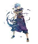  1boy blue_hair book circlet fire_emblem fire_emblem_heroes fire_emblem_if highres jewelry male_focus necklace official_art one_eye_closed sandals shigure_(fire_emblem_if) solo teeth torn_clothes transparent_background yellow_eyes yura_(ub4u) 