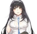  1girl between_breasts black_hair black_legwear eyebrows_visible_through_hair girls_frontline gloves hairband hand_on_own_chest looking_at_viewer myo_ne parted_lips qbz-95_(girls_frontline) simple_background solo upper_body white_background white_gloves yellow_eyes 