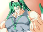  1boy abs asutora bangs bare_shoulders blank_eyes blue_shirt broly commentary_request crushing dragon_ball dragonball_z food fusion gradient gradient_background green_hair green_necktie grin hatsune_miku holding holding_food long_hair looking_at_viewer male_focus motion_blur muscle necktie red_background shirt sleeveless sleeveless_shirt smile solo spring_onion twintails upper_body vocaloid 