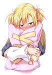  1girl alternate_hairstyle arm_warmers blonde_hair blush green_eyes looking_at_viewer mizuhashi_parsee nose_blush ootsuki_wataru pillow pillow_hug pointy_ears short_sleeves solo tearing_up touhou twintails upper_body yes-no_pillow 