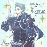  1boy armor blue_hair cape character_name dated fire_emblem fire_emblem_if gloves green_eyes happy_birthday male_focus open_mouth shirokuro_(0501nk) silas_(fire_emblem_if) sparkle sword teeth upper_body weapon 