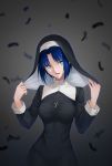  1girl bangs black_feathers blue_eyes blue_hair breasts ciel cowboy_shot cross gradient gradient_background grey_background habit highres long_sleeves looking_to_the_side medium_breasts nun oceanbellereine open_mouth rosary short_hair sidelocks solo standing tsukihime 