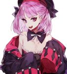  1girl :d bare_shoulders collarbone commentary detached_collar eyebrows_visible_through_hair fate/grand_order fate_(series) flat_chest hat helena_blavatsky_(fate/grand_order) long_sleeves looking_at_viewer mo_(mocopo) off_shoulder open_mouth pink_hair simple_background sleeves_past_wrists smile solo upper_body violet_eyes white_background wide_sleeves 