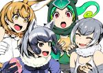  &gt;:d 2017 4girls :d :o ^_^ animal_ears bare_shoulders black_bow black_gloves black_hair black_neckwear blonde_hair blue_shirt blush bow bowtie brown_eyes chameleon_tail clenched_hand closed_eyes common_raccoon_(kemono_friends) dated extra_ears eyebrows_visible_through_hair fingerless_gloves food food_on_face forehead_protector fur_collar gloves green_hair grey_gloves grey_hair happa_(cloverppd) holding holding_food hood japari_bun japari_symbol kemono_friends multicolored_hair multiple_girls open_mouth panther_chameleon_(kemono_friends) print_bowtie raccoon_ears red_eyes serval_(kemono_friends) serval_ears serval_print shirt short_hair short_sleeves signature simple_background sleeveless small-clawed_otter_(kemono_friends) smile teeth upper_body white_background white_gloves white_shirt yellow_eyes 