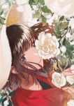  1girl bangs black_eyes blunt_bangs brown_hair expressionless eyebrows_visible_through_hair flower fly_(marguerite) hand_on_own_chest hat leaf lips looking_at_viewer lying on_back original parted_lips red_shirt rose shirt solo sun_hat white_flower white_hat white_rose 