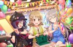  animal_ears apron balloon barefoot blonde_hair braid cat_ears confetti fang fang_out fangs food gothic gothic_lolita grey_hair hair_ornament happy happy_birthday hat hayasaka_mirei hoshi_shouko idolmaster idolmaster_cinderella_girls idolmaster_cinderella_girls_starlight_stage lolita_fashion morikubo_nono official_art one_eye_closed party_popper purple_hair smile 