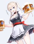  10s 1girl alcohol alternate_costume apron bangs beer beer_mug black_dress blonde_hair blue_background blue_eyes blush bow breasts cleavage collar cowboy_shot dirndl dress dutch_angle eyebrows_visible_through_hair frilled_dress frills german_clothes graf_zeppelin_(kantai_collection) hair_tie highres holding iron_cross kantai_collection long_hair looking_down medium_breasts red_bow sash short_sleeves sidelocks simple_background solo standing sweatdrop translated twintails waist_apron white_apron xenonstriker 