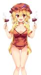  1girl aki_minoriko bangs bare_legs blonde_hair blush breasts cleavage collarbone collared_shirt eyebrows_visible_through_hair food fruit grapes hair_between_eyes hat highres holding large_breasts looking_at_viewer maturiuta_sorato mob_cap open_mouth orange_eyes red_bikini_bottom red_hat shirt simple_background smile solo standing steam sweet_potato thigh_gap touhou white_background wing_collar yellow_shirt 