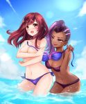  2girls assisted_exposure asymmetrical_hair bikini blue_sky breasts brown_eyes brown_hair bunny_hair_ornament collarbone covering covering_breasts cowboy_shot d.va_(overwatch) dark_skin earrings embarrassed facepaint facial_mark hair_ornament jewelry long_hair looking_at_another m-musume_(catbagel) medium_breasts mole mole_under_eye multicolored_hair multiple_girls nail_polish navel no_headwear open_mouth outdoors overwatch purple_hair side-tie_bikini sky smile sombra_(overwatch) splashing surprised swimsuit two-tone_hair violet_eyes wading wardrobe_malfunction water whisker_markings 