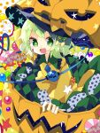  1girl black_hat bow candy collar food frills green_eyes green_hair hair_ribbon halloween hat hat_bow heart heart_of_string highres jack-o&#039;-lantern komeiji_koishi lollipop long_sleeves looking_at_viewer multicolored multicolored_clothes multicolored_skirt nikorashi-ka open_mouth puffy_sleeves ribbon shirt short_hair skirt smile star star-shaped_pupils starry_background symbol-shaped_pupils third_eye tooth touhou yellow_shirt 