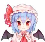  1girl ascot bangs bat_wings blue_hair blush brooch closed_mouth collared_shirt eyebrows_visible_through_hair fang frilled_shirt_collar frills hair_between_eyes hat hat_ribbon jewelry looking_at_viewer mob_cap pink_hat pink_shirt red_ascot red_eyes red_ribbon remilia_scarlet ribbon shirt short_hair simple_background slit_pupils smile solo tengxiang_lingnai touhou white_background wing_collar wings 