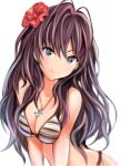  1girl alternate_costume bikini blue_eyes breasts brown_hair cleavage commentary_request flower hair_flower hair_ornament ichinose_shiki idolmaster idolmaster_cinderella_girls jewelry long_hair looking_at_viewer medium_breasts nannacy7 necklace smile solo striped striped_bikini swimsuit 