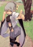  1girl black_legwear breasts eyebrows_visible_through_hair finger_to_cheek folded_ponytail fu-ta grass grey_eyes grey_hair hair_ornament kabuto_(oshiro_project) looking_at_viewer medium_breasts midriff oshiro_project oshiro_project_re outdoors pleated_skirt pointing pointing_at_viewer skirt tanba_kameyama_(oshiro_project) thigh-highs tree 