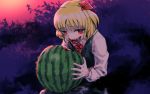  1girl blonde_hair eating food fruit hair_ribbon looking_at_viewer meimaru_inuchiyo necktie red_eyes ribbon rumia sharp_teeth short_hair solo teeth tongue touhou vest watermelon 