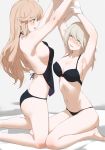  2girls :d armpits arms_up ass assisted_exposure bare_arms bare_legs bare_shoulders barefoot black_bra black_panties black_ribbon blonde_hair blush bra breasts character_request cleavage commentary earrings embarrassed green_eyes grey_background highres jewelry jiaoshouwen kneeling large_breasts light_brown_hair long_hair looking_up medium_breasts missouri_(zhan_jian_shao_nyu) multiple_girls navel nose_blush open_mouth orange_eyes panties ribbon see-through sideboob simple_background sitting smile star star_earrings stomach underwear underwear_only wariza wavy_mouth yuri zhan_jian_shao_nyu 