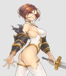  apollonia_vaar ass blush breasts brown_hair granblue_fantasy grey_brackground holding holding_sword holding_weapon large_breasts leotard looking_at_viewer scaverle_(mao) short_hair standing sword thigh-highs weapon white_legwear white_leotard 