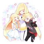  1boy 2girls black_pants blonde_hair blush braid brother_and_sister closed_eyes dress family gladio_(pokemon) green_eyes hair_over_one_eye hand_on_another&#039;s_head heart hood hoodie lillie_(pokemon) long_hair long_sleeves lusamine_(pokemon) mother_and_daughter mother_and_son multiple_girls mvls_7 one_eye_closed open_mouth pants pokemon pokemon_(game) pokemon_sm short_dress short_hair siblings sleeveless sleeveless_dress smile torn_clothes torn_pants twin_braids very_long_hair white_dress z-ring 