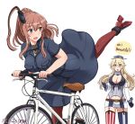  10s american_flag_legwear bicycle black_clothes blue_eyes breast_pocket breasts brown_hair dress english fingerless_gloves gloves ground_vehicle headgear iowa_(kantai_collection) kantai_collection large_breasts long_hair neckerchief open_mouth pocket ponytail saratoga_(kantai_collection) shin&#039;en_(gyokuro_company) side_ponytail star star-shaped_pupils striped striped_legwear surprised symbol-shaped_pupils vertical-striped_legwear vertical_stripes 