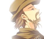  1boy blue_eyes brown_hair brown_hat engaya_soruto facial_hair hat live_a_live looking_to_the_side looking_up male_focus mouth_hold profile solo sundown_kid 